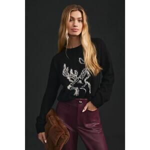 By Anthropologie Fuzzy Deer Knit Crewneck Cozy Black Boxy Sweater Medium
